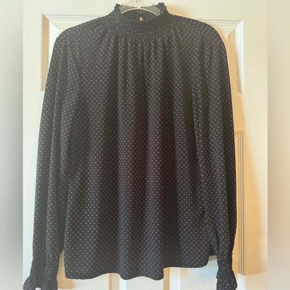 Adrianna Papell Black Dot-Print Smocked-Neck Long Sleeve Blouse